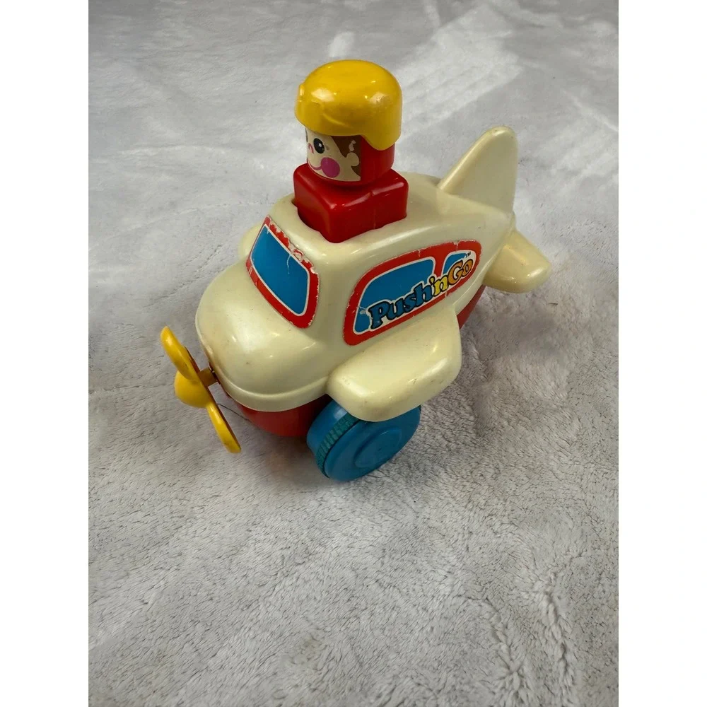 Tomy Push N Go Airplane‎ Toy Vintage Red Yellow Blue Pilot Propeller